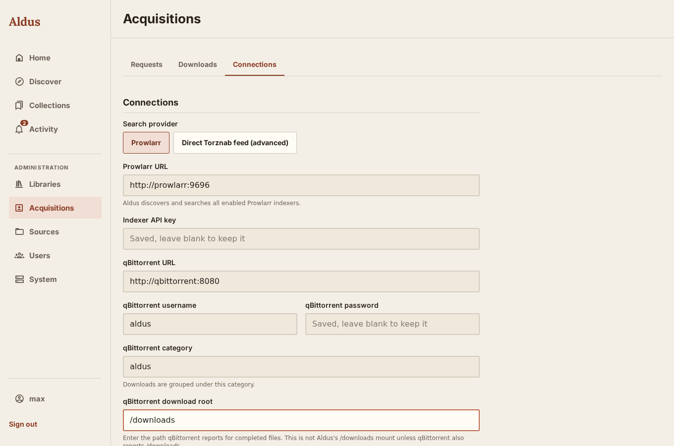 Acquisitions Connections tab with Prowlarr and qBittorrent fields filled in