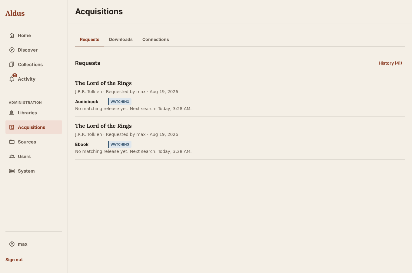 Acquisitions Requests tab showing pending format requests