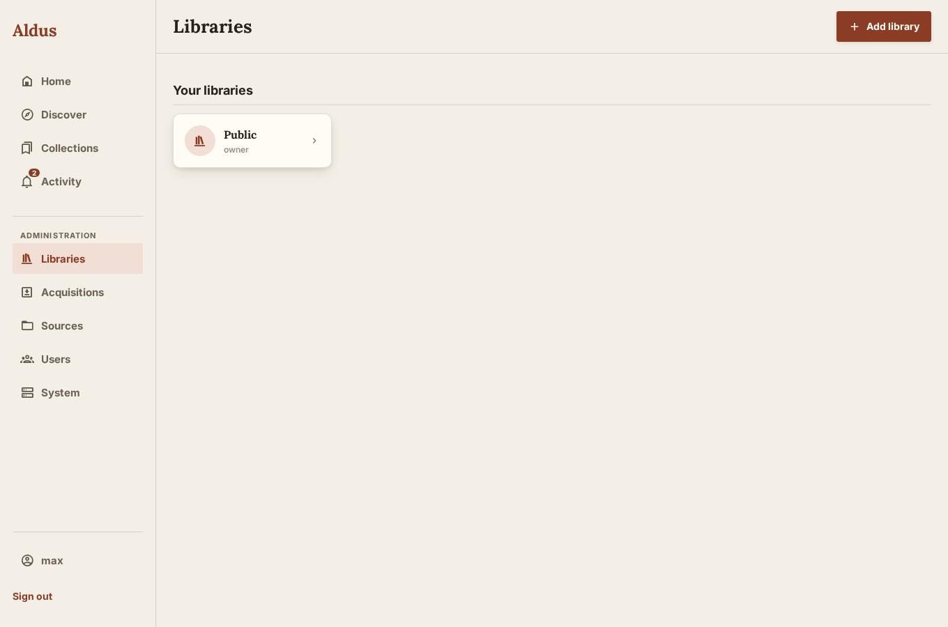 Aldus Libraries administration screen showing the Public library and its owner role