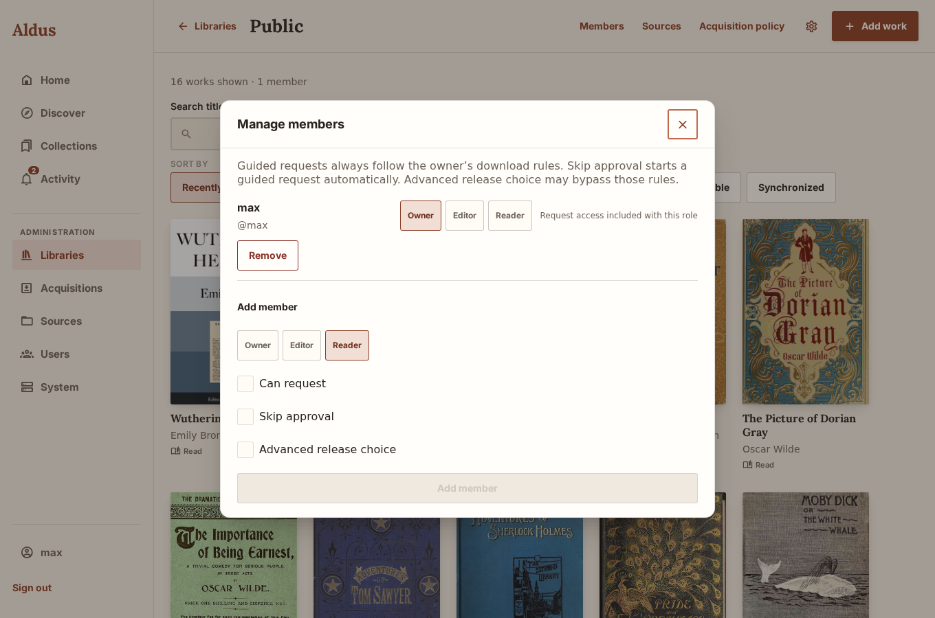 Manage members dialog showing role pills and the three per-reader acquisition permission checkboxes