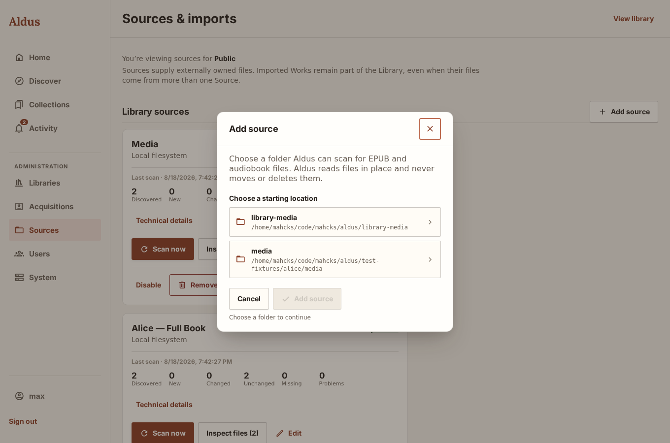 Add source dialog showing example root locations in the folder picker