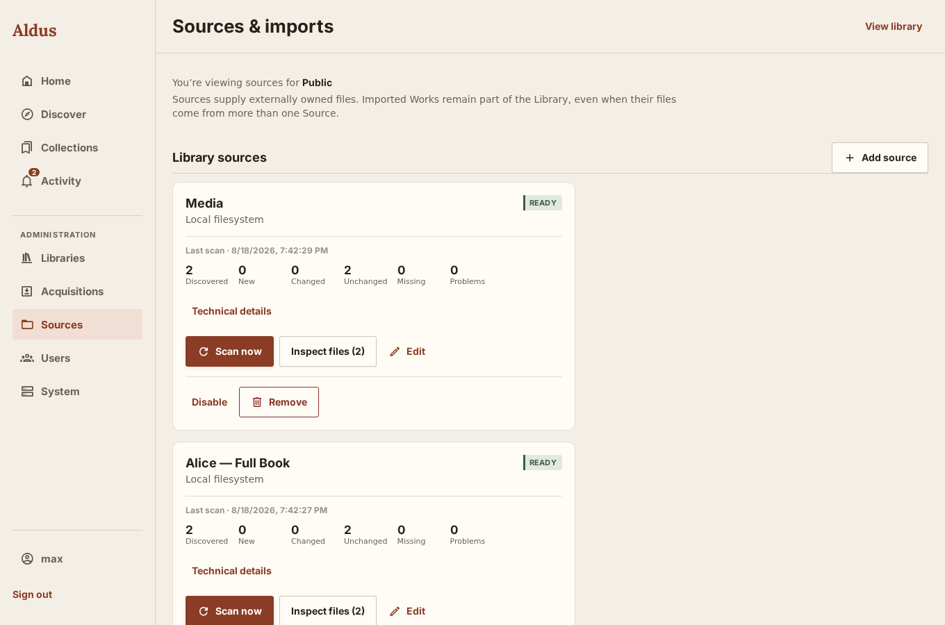 Sources and imports administration screen showing two enabled sources with scan counts
