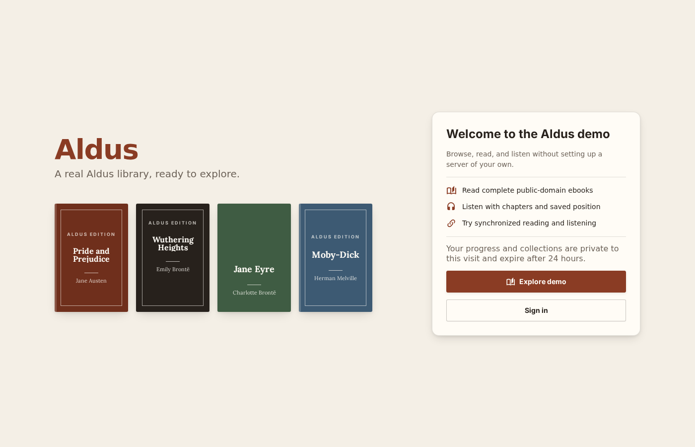 Aldus demo welcome screen with a shelf of public-domain covers and an Explore demo button