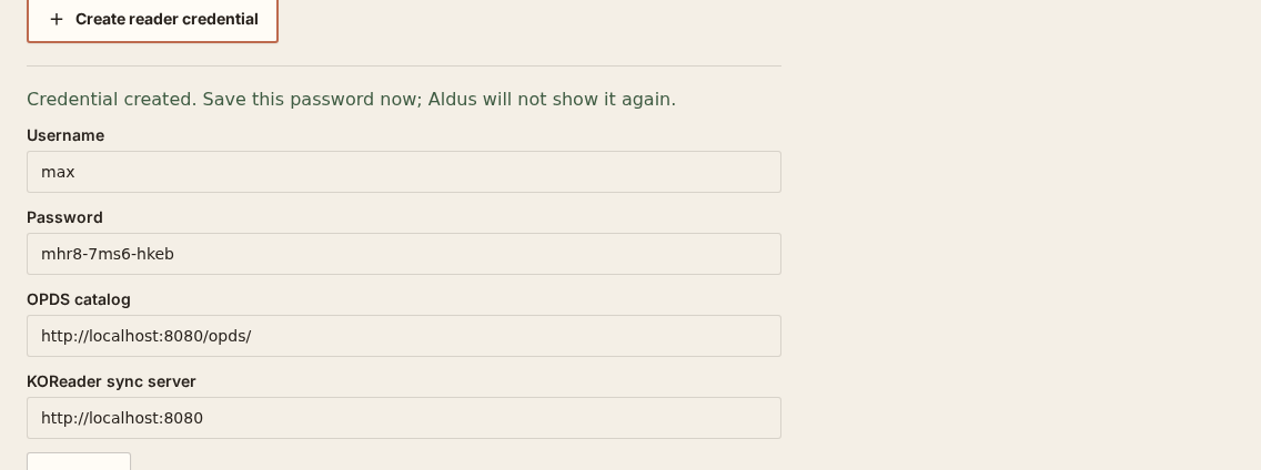 Aldus account screen showing a mock reader credential with username, password, OPDS catalog URL, and KOReader sync server address