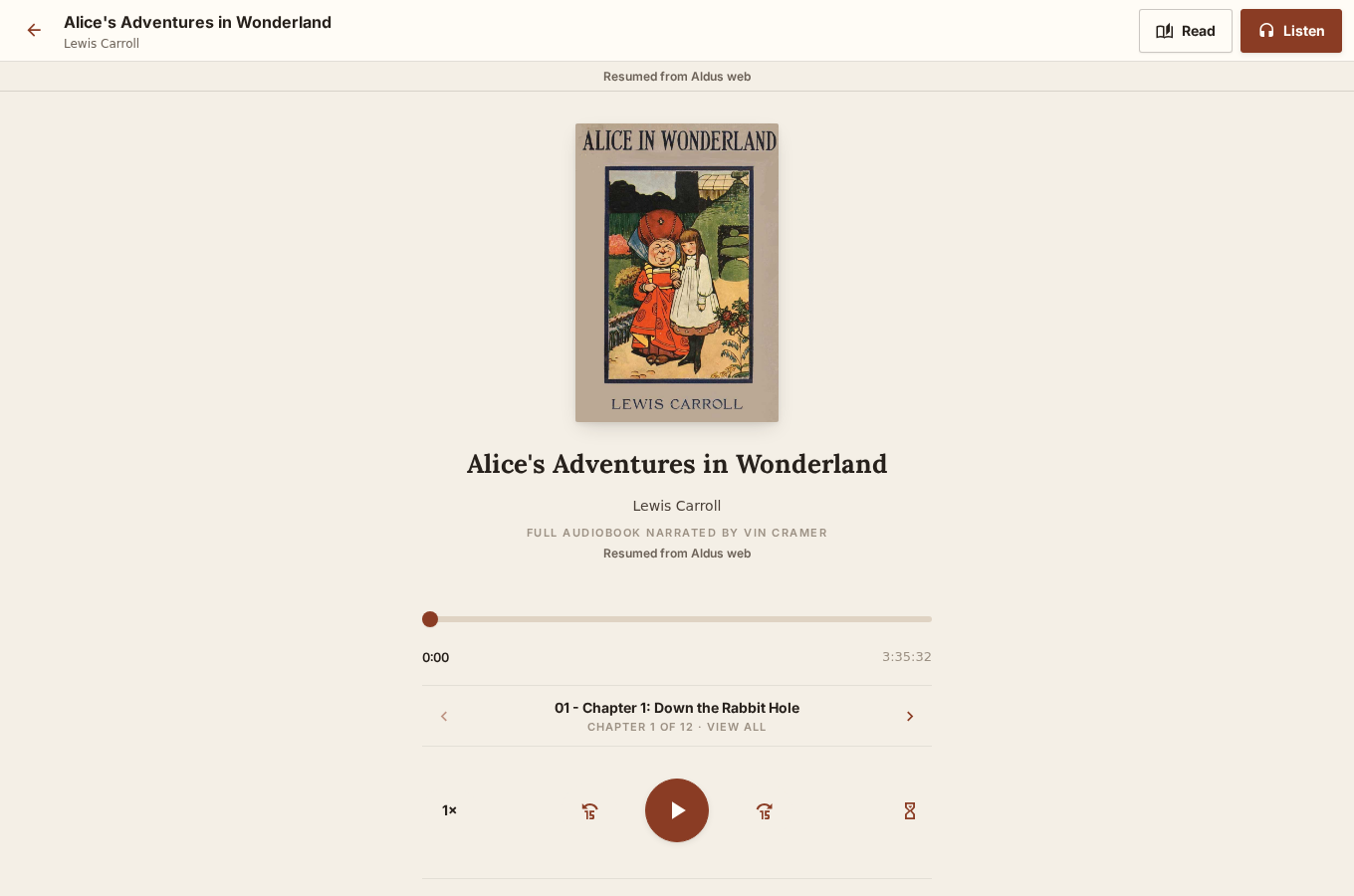 Aldus audiobook player showing chapters, playback controls, and a synchronized read-along passage