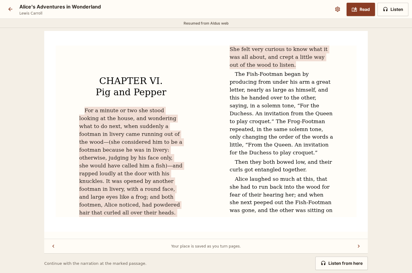Aldus ebook reader showing a synchronized passage and a Listen from here action